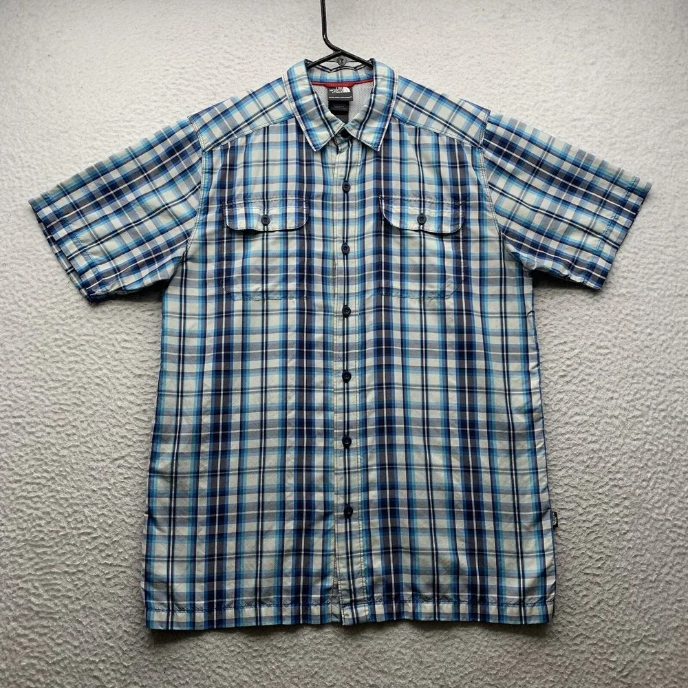The North Face Button Up Shirt Mens Small Blue White Plaid Tencel Hiking Camping